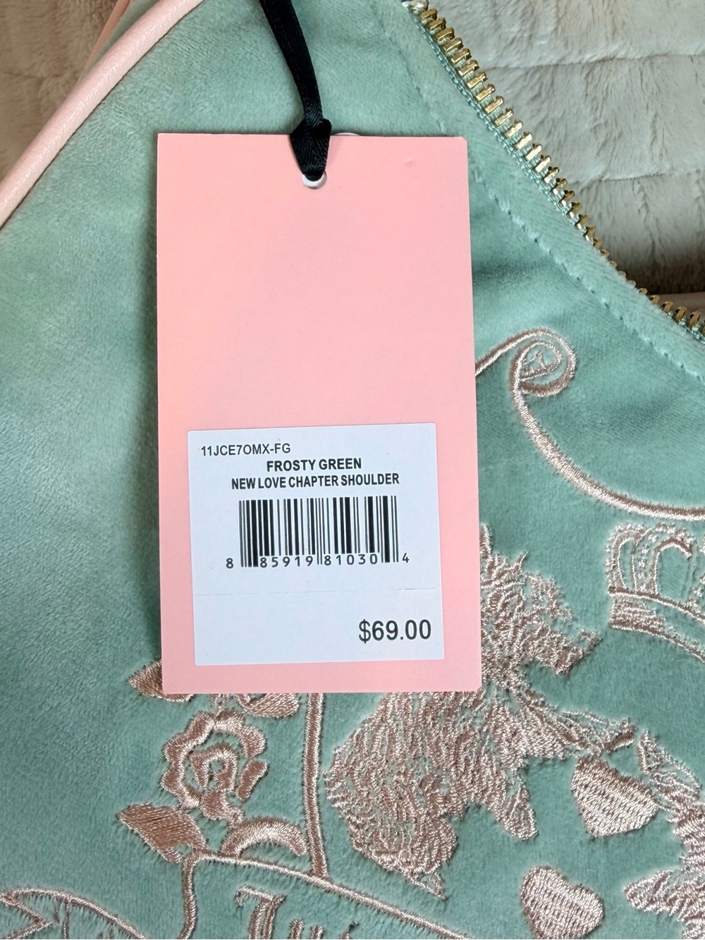 NWT Viral Juicy Couture New Love Chapter Shoulder Bag Frosty Green Velour Crest - Picture 12 of 16